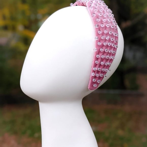 Mauve Pink Beaded Knotted Velvet Headband Crystal Clear Acrylic Beads Handmade